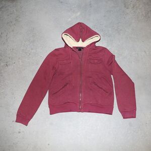 Marc Jacobs Zip‎ Up Sweater Jacket Burgundy Shearling Hoodie Sweater Size Small